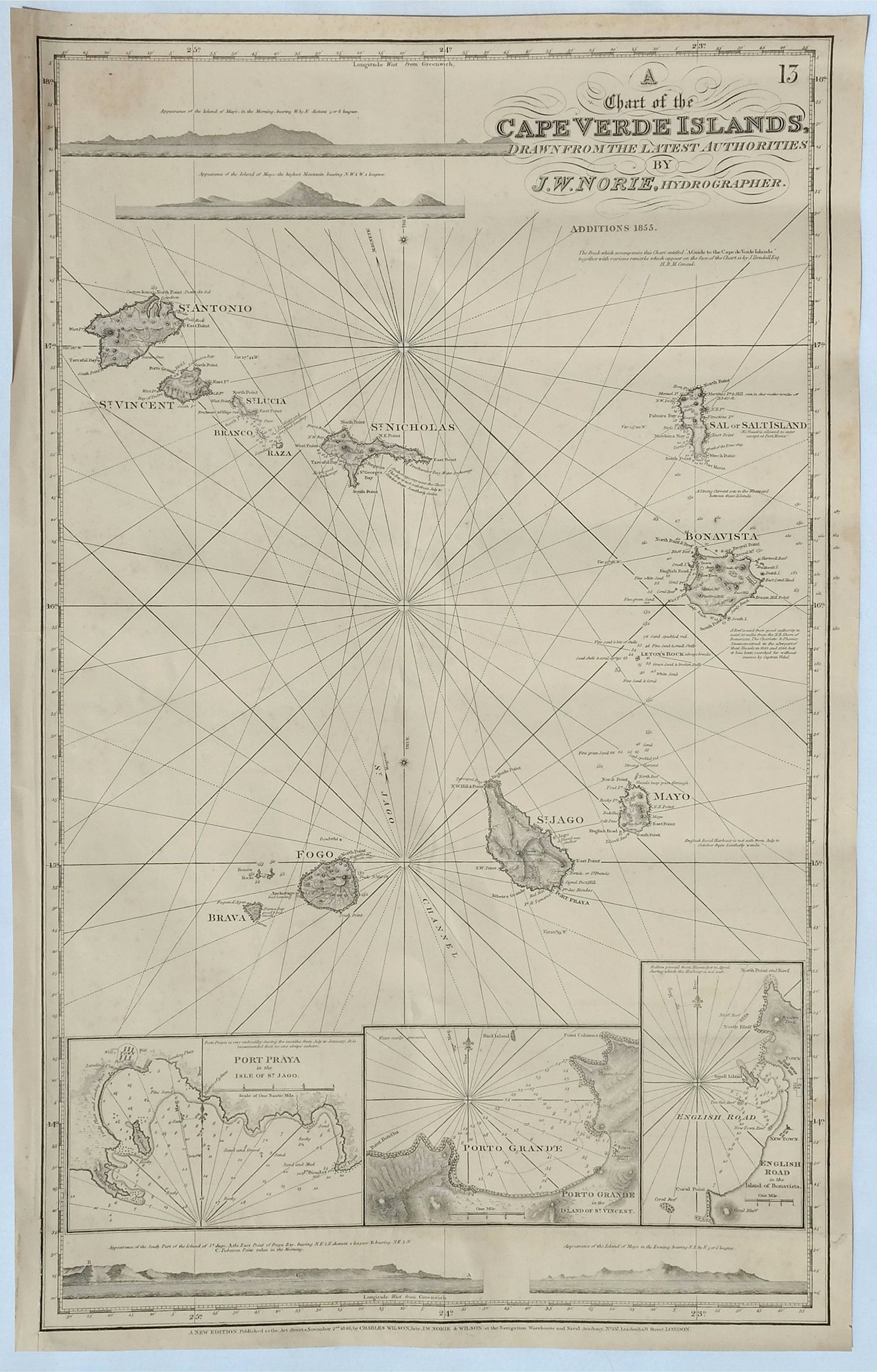 NORIE, John., A Chart of the Cape Verde Islands, Drawn from the Latest Authorities by J.W. Norie, Hydrogrpher., antique map, old maps