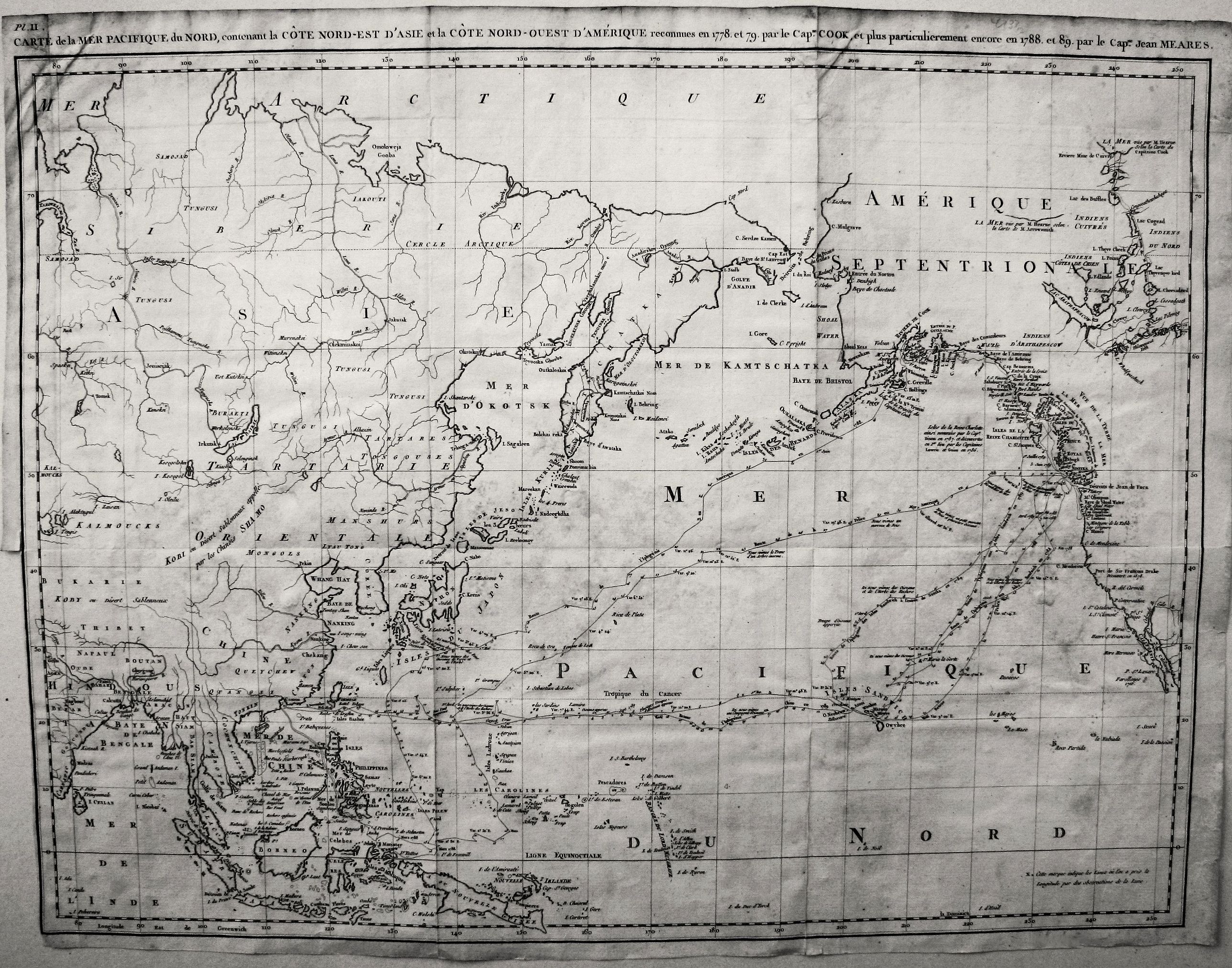 MEARES, J., Carte de la Mer Pacifique du Nord, contenant la Cote Nord-Est D'Asie et la Cote Nord-Ouest D'Amerique …1778 et 79 par le Capn Cook, et…1788-89 par le Capne Jean Meares, antique map, old maps
