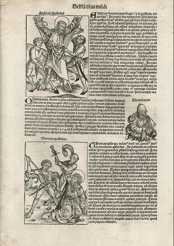 SCHEDEL, Hartmann., Apostles Andrews and Thomas. Folio CVI - Nuremberg Chronicle. , antique map, old maps