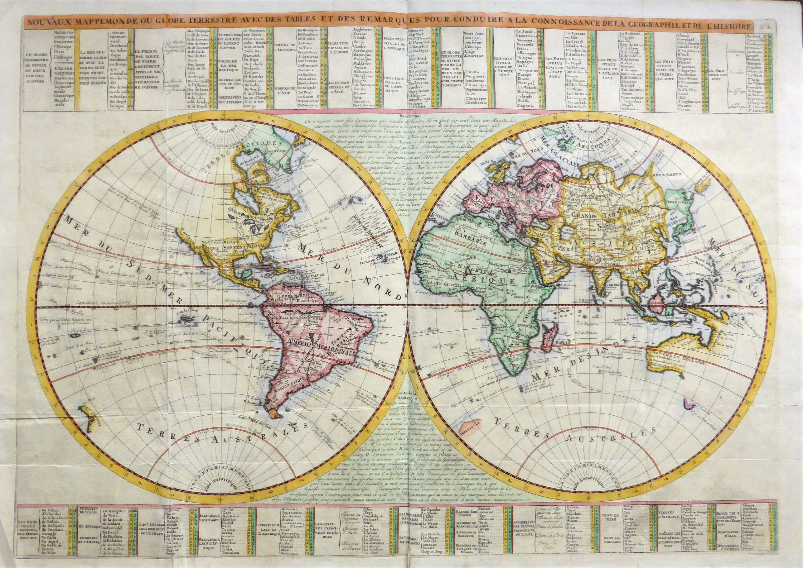 CHATELAIN, Henry. , NOUVEAUX MAPPEMONDE OU GLOBE TERRESTRE AVEC DES TABLES ET DES REMARQUES POUR CONDUIRE A LA CONNOISSANCE DE LA GEOGRAPHIE ET DE L'HISTOIRE. , antique map, old maps
