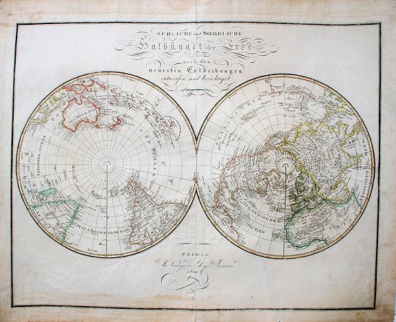 Sotzmann, D.F. , Südliche und nördliche Halbkugel der Erde nach den neuesten Entdeckungen entworfen und berichtiget., antique map, old maps