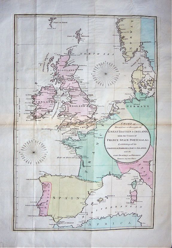 STOCKDALE, John., Chart of Invasions or Descents on Great Britain & Ireland. With the Coasts of France Spain Portugal. . . , antique map, old maps
