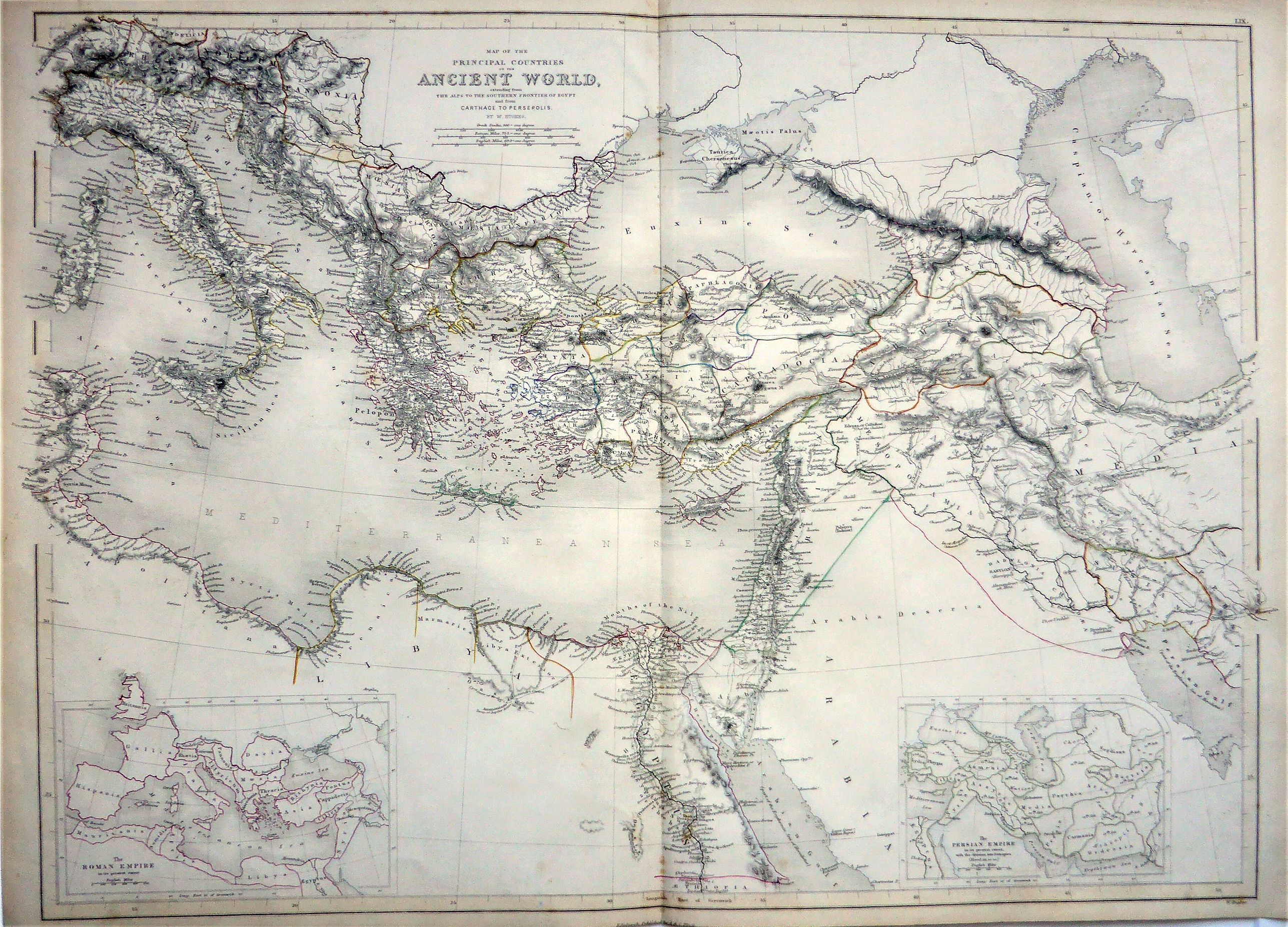 HUGHES, William., Map of the Principal Countries of the Ancient World extending from the Alps to the Southern Frontier of Egypt and from Carthage to Persepolis. , antique map, old maps