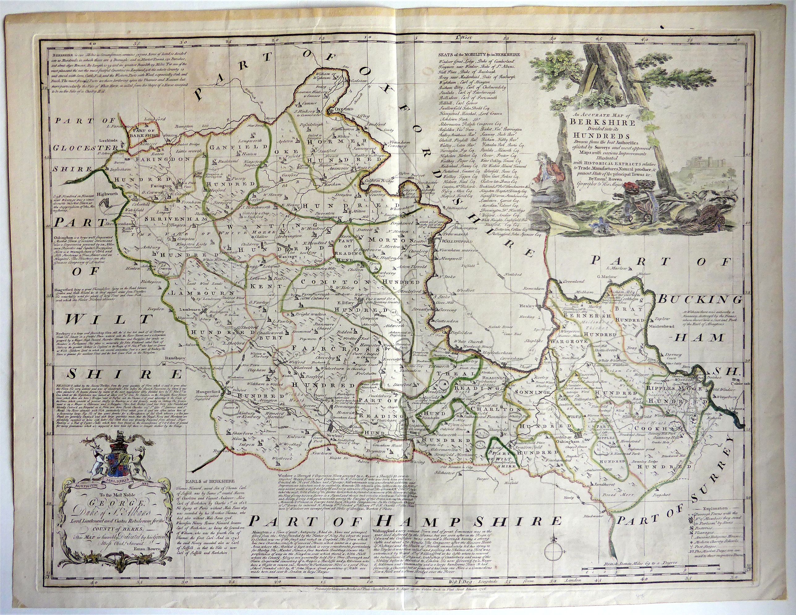 BOWEN, Emmanuel., An ACCURATE MAP of BERKSHIRE Divided into its HUNDREDS Drawn from the best Authorities assisted by Surveys . . ., antique map, old maps