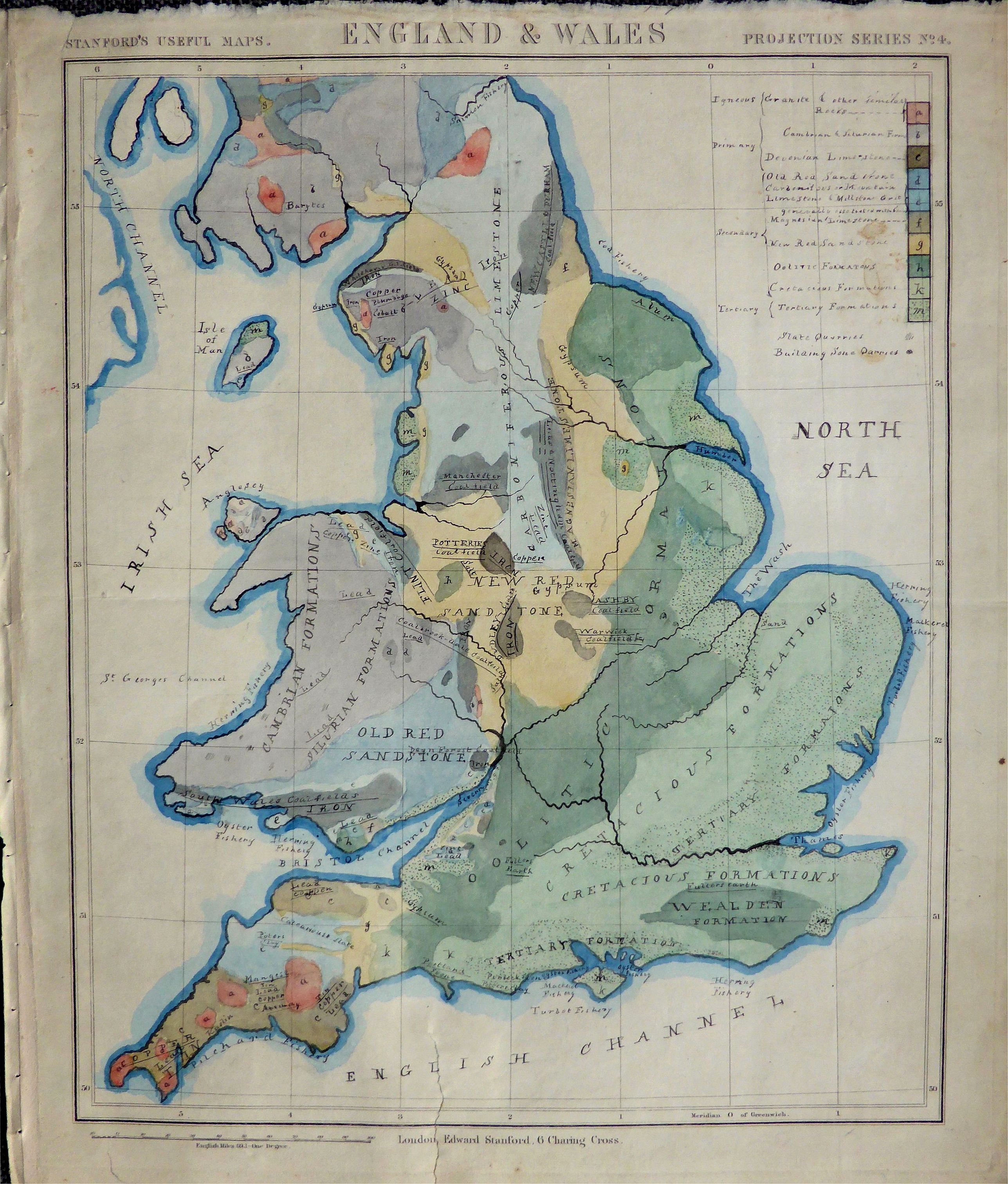 STANFORD, E., Geological map England & Wales. , antique map, old maps