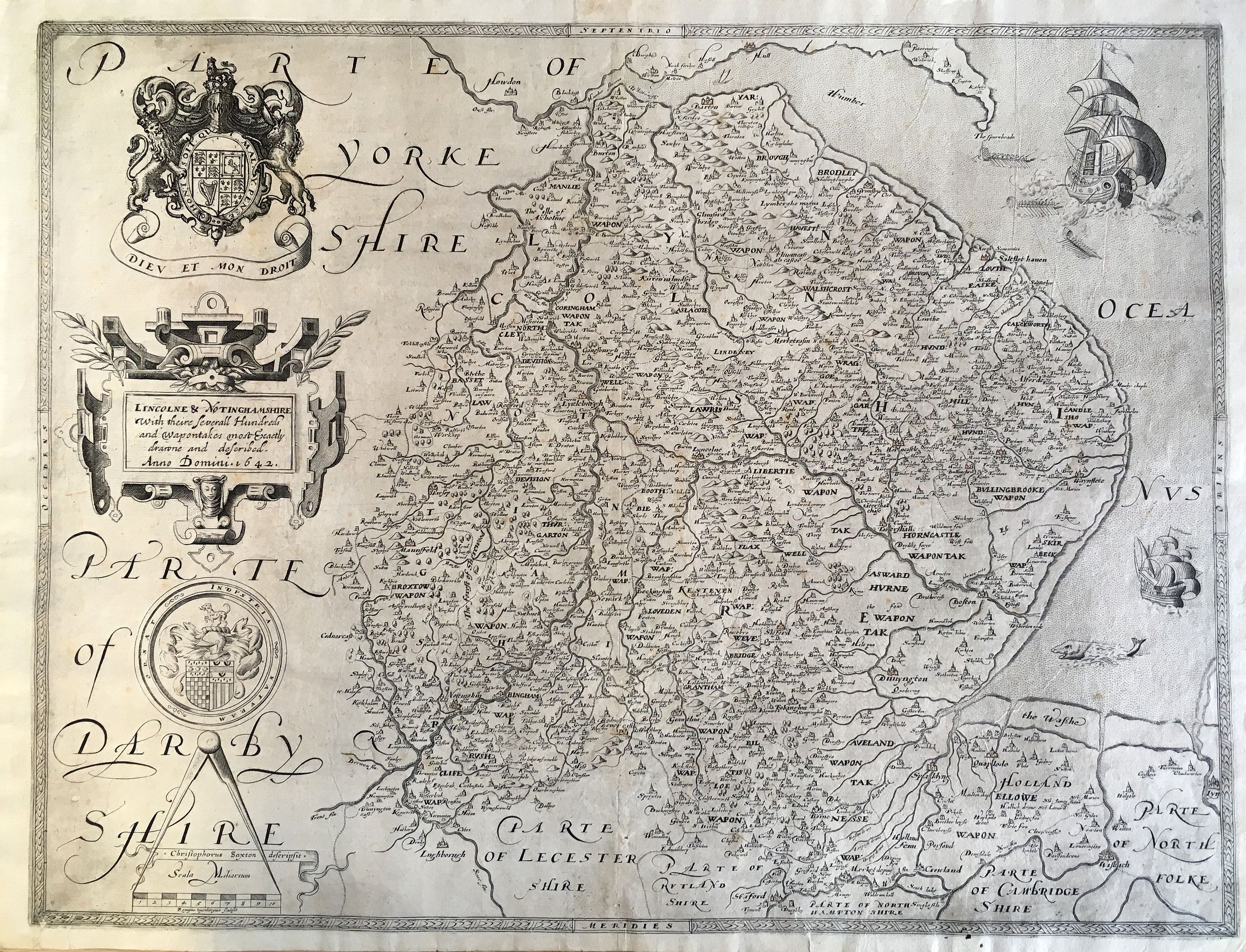 SAXTON, C., Lincolnia Notinghamiaque., antique map, old maps