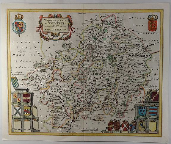 BLAEU, J., Wigorniensis Comitatus et Comitatus Warwicensis, nec non Coventrae libertas., antique map, old maps
