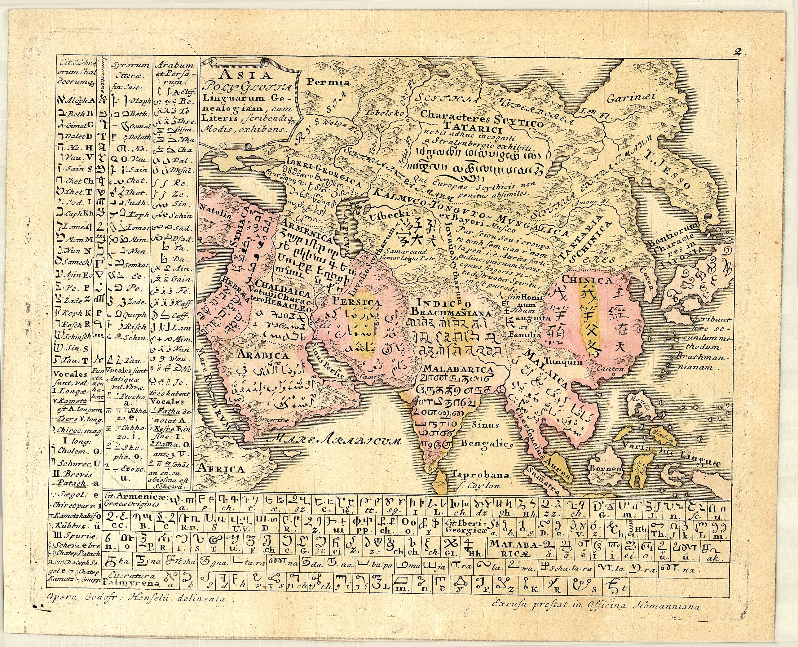Gottfried Hensel / Homann Heirs., ASIA Poly Glottia Linguarum Genealogiam, cum Literis..., antique map, old maps