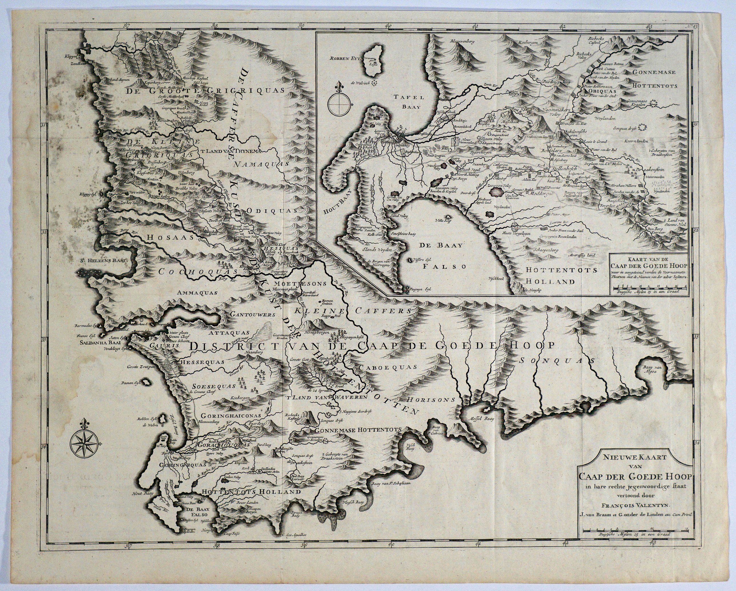 Valenteyn, J., Nieuw Kaart van Caap Der Goede Hoop - in hare rechte jegenwoordige staat vertoond door FRANÇOIS VALENTYN. , antique map, old maps