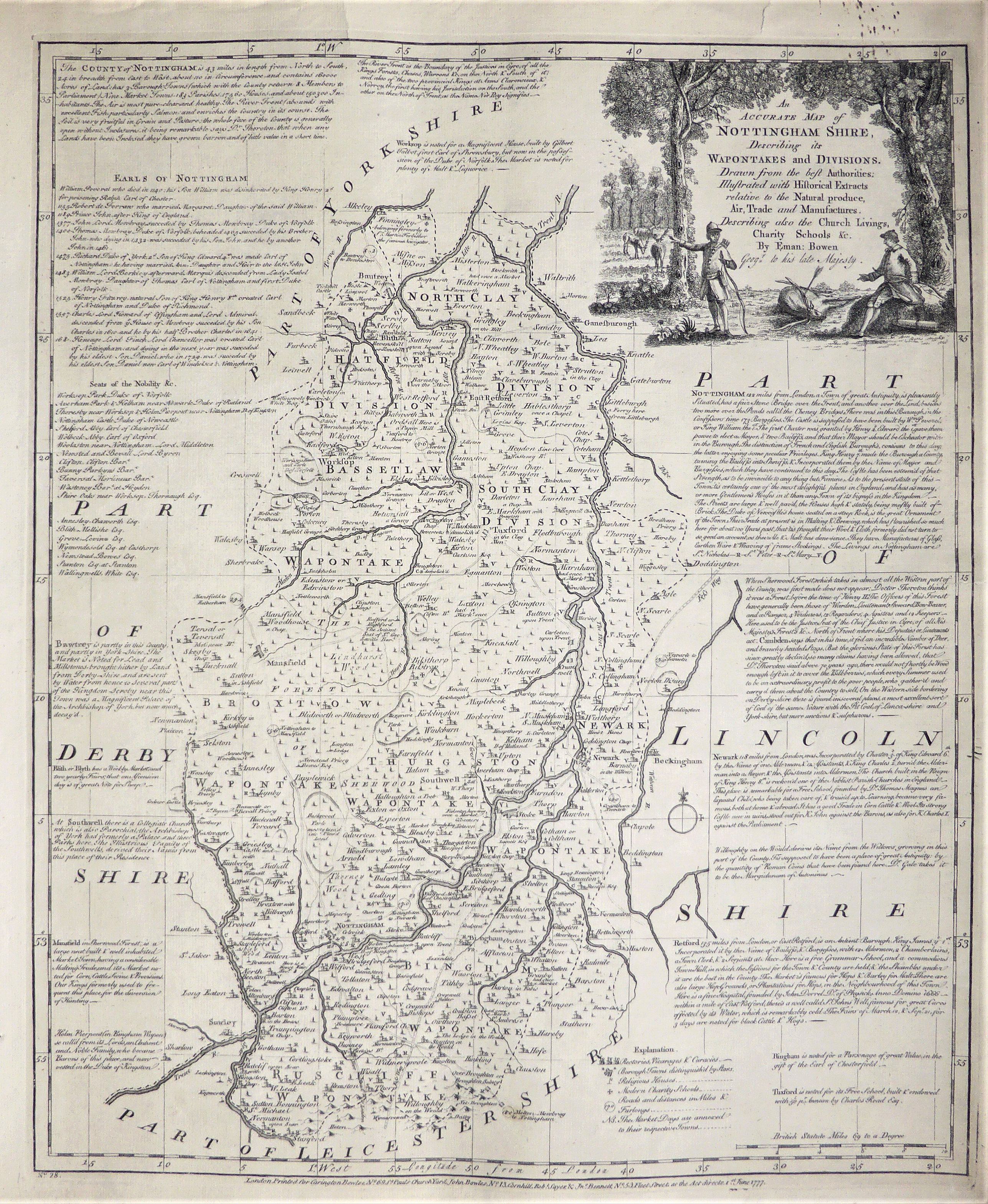 BOWEN, Emanuel., An Accurate Map of Nottingham Shire., antique map, old maps