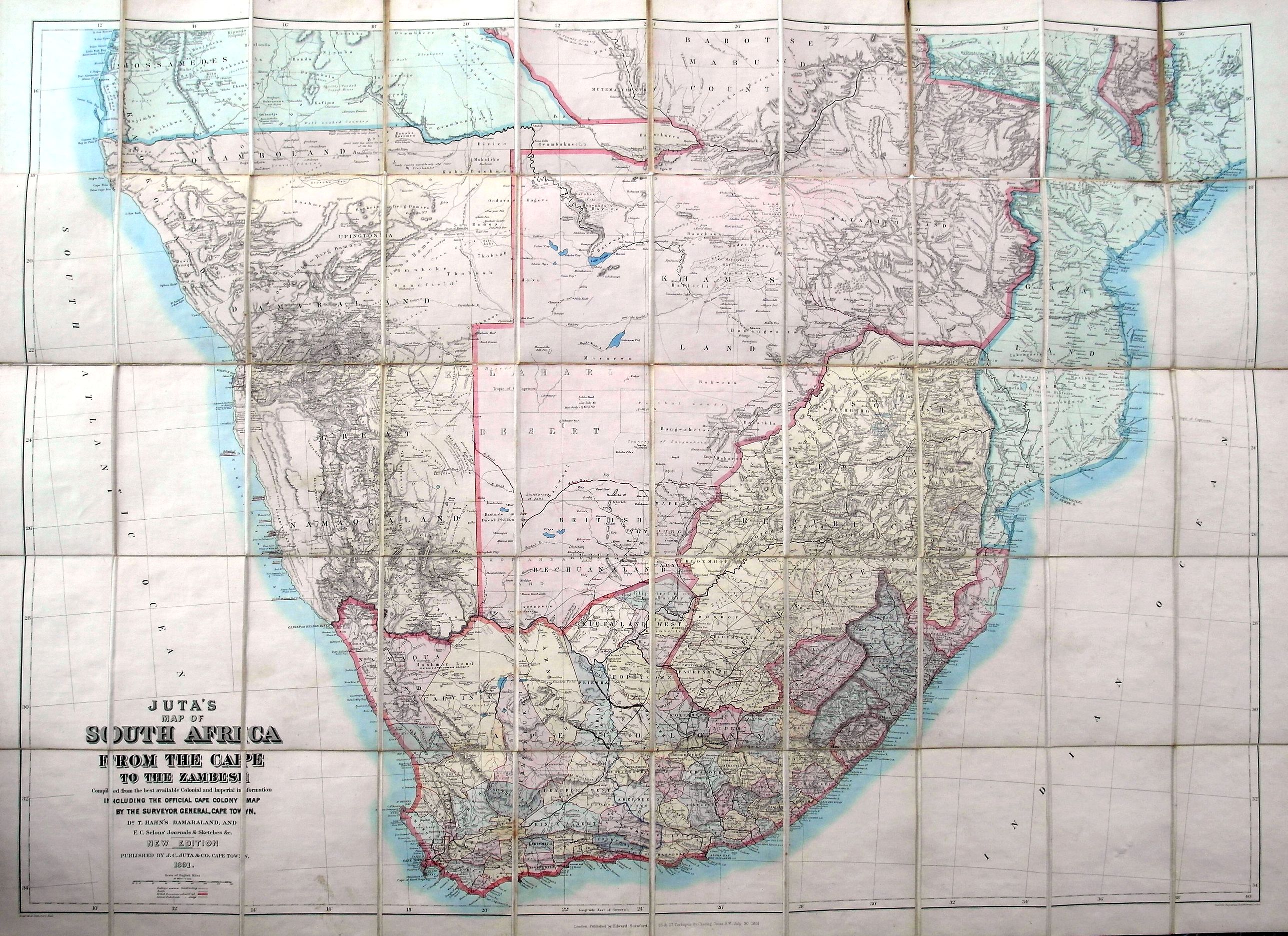 JUTA, J. C., Juta's Map of South Africa from the Cape to the Zambesi..., antique map, old maps