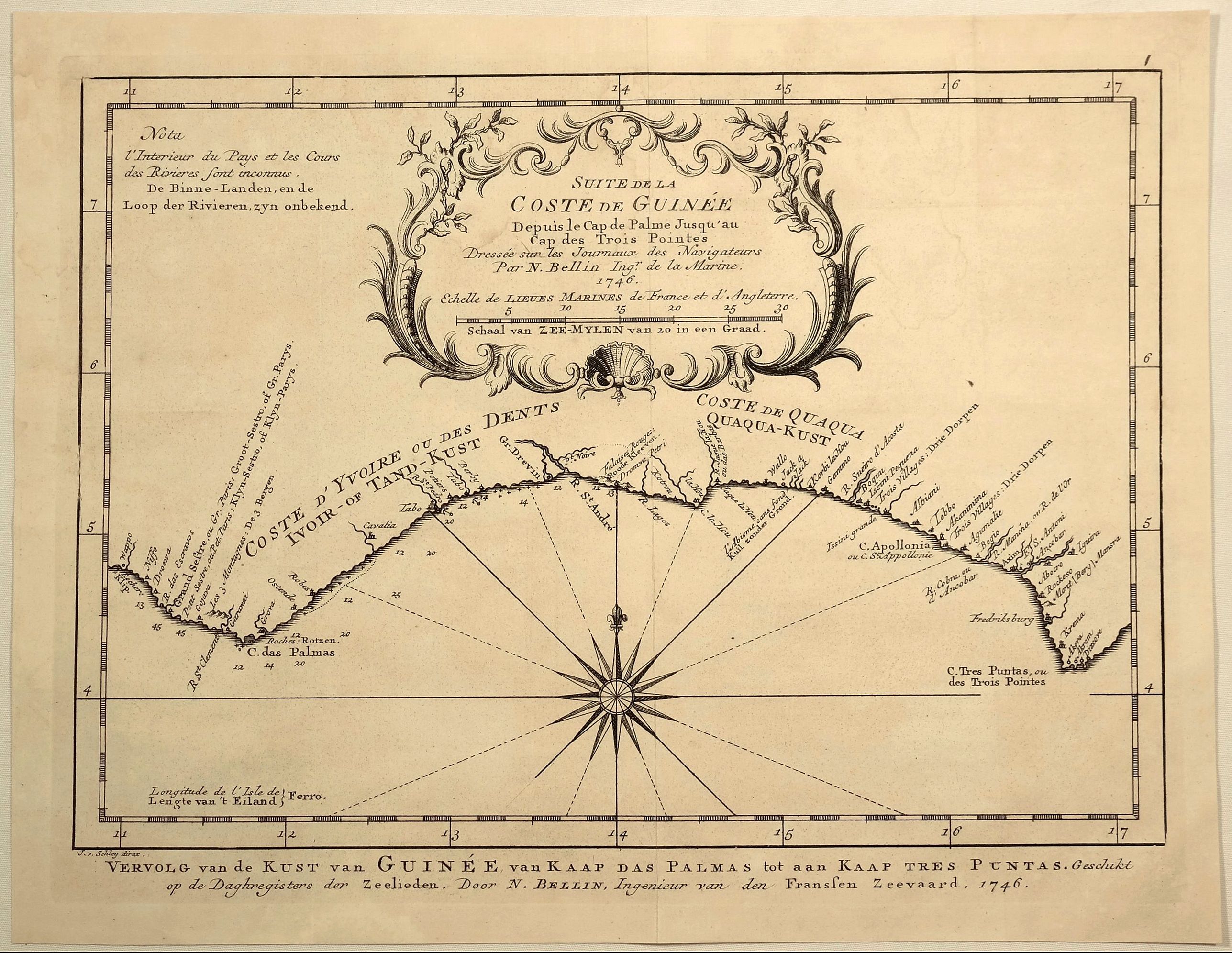 BELLIN, J., Suite de la Coste de Guinee Depuis le Cap de Palme Jusqu’ au Cap des Trois Pointes…, antique map, old maps