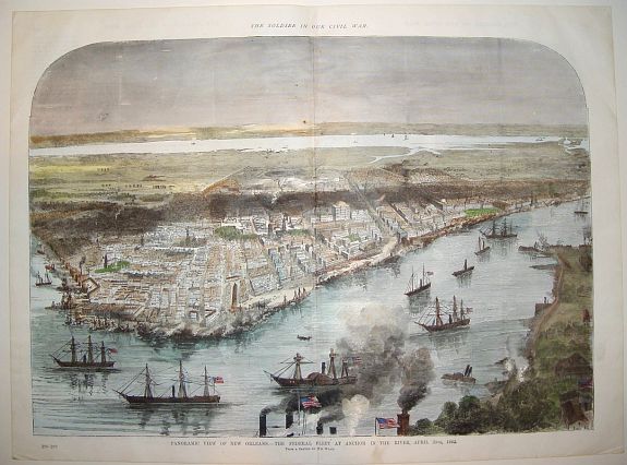 Wm. WAUD as artist for FRANK LESLIE & CO., PANORAMIC VIEW OF NEW ORLEANS - THE FEDERAL FLEET AT ANCHOR IN THE RIVER, APRIL 25TH, 1862, antique map, old maps