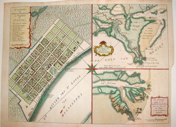 TIRION, Issac, Grondvlakte van Nieuw Orleans, de Hoosdstad van Louisiana / De Uitloop van de Rivier Missisippi / De oostelyke Ingang van de Missisippi, met een Plan van het Fort, 't Welk het Kanaal Beheerscht, antique map, old maps