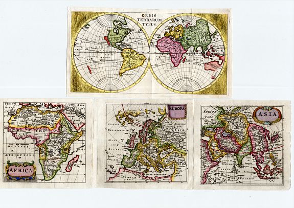 CLUVER, Philip, World and three continents, heightened with gold., antique map, old maps