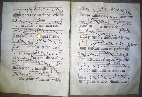 Antiphonal Leaves on Vellum, Two Consecutive Vellum Music Leaves with Gold Initials , antique map, old maps