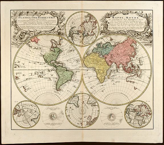 Homann Erben, Planiglobii Terrestris Mappa Universalis Utrumq Hemisphaerium Orient et Occidentale repraesentans, Erx IV mappis generalibus Hasianis composita et adjectis ceteris hemisphaeriis designata a G.M. Lowizio. Excudentibus Homann Heredibus, antique map, old maps