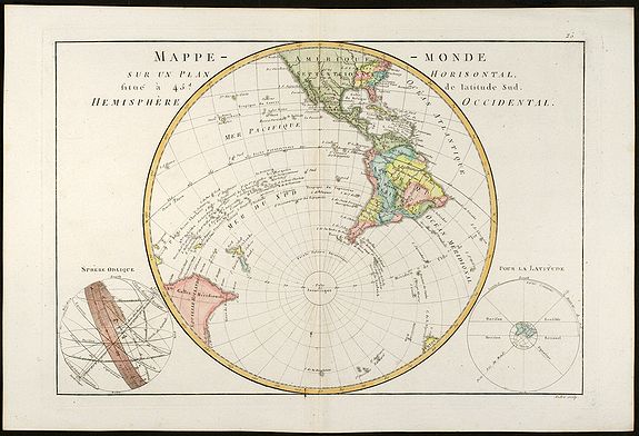 Bonne, R., Mappe-Monde sur un Plan Horisontal, situé Ó 45d de latitude Sud. HemisphÞre Occidental, antique map, old maps