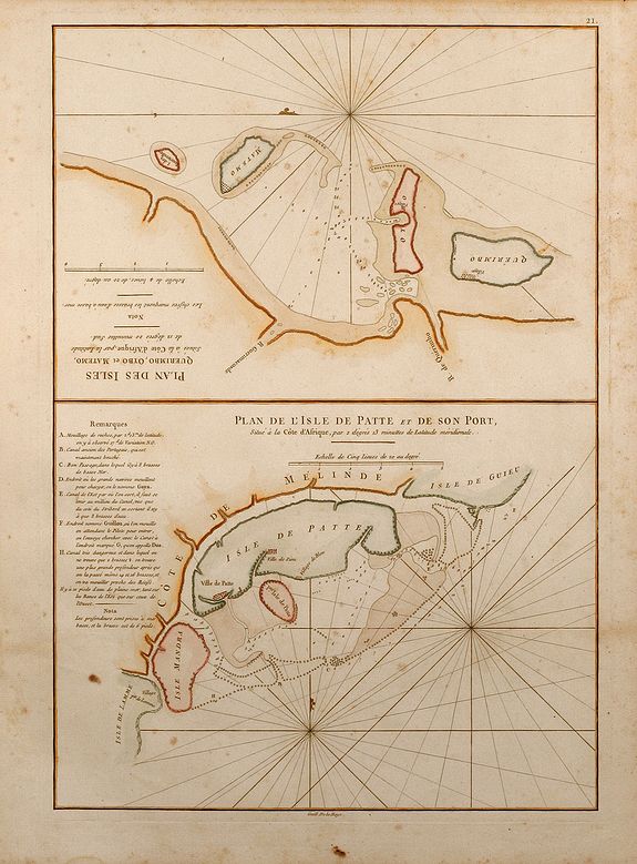 MANNEVILLETTE, J.B., Plan de l'Isle de Patte et de son Port / Plan des Isles Querimbo, Oybo et Matemo., antique map, old maps