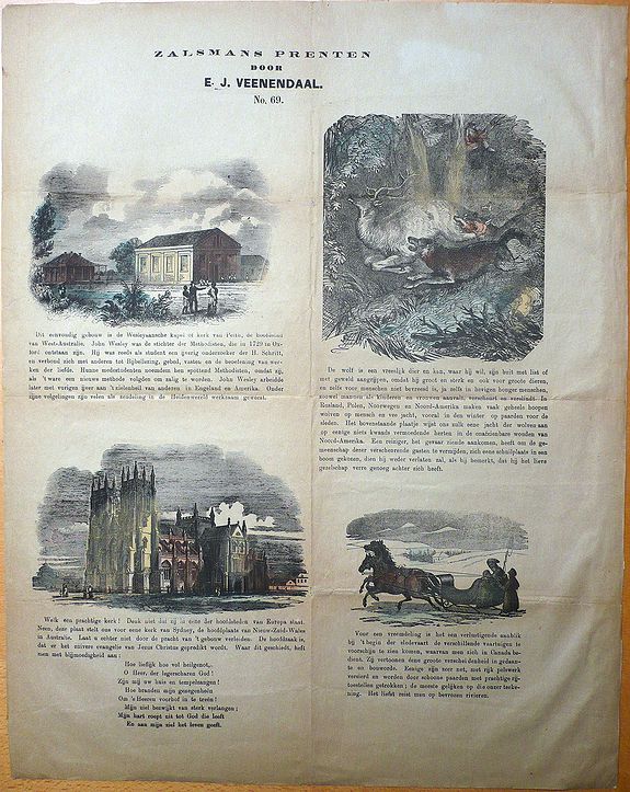 Zalsman's Prenten, Dutch Catchpenny print, with coloured illustrations of Australia ( Perth and Sydney ), Canada and the USA., antique map, old maps