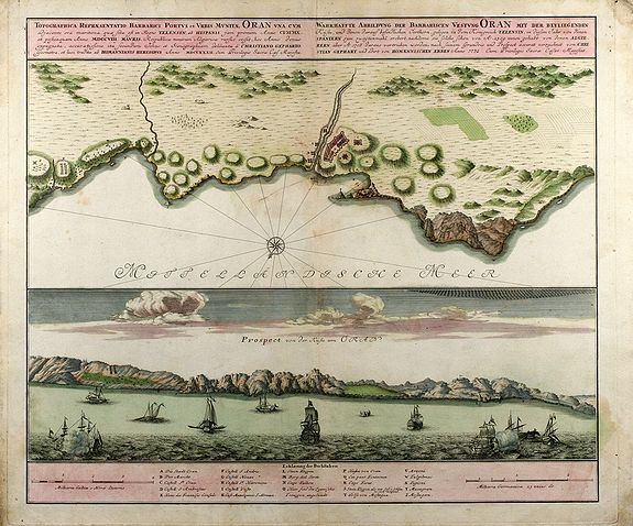 Homann Heirs, Topographica Repraesentatio Barbarici Portus et Urbis Munitae Oran / Wahrhaffte Abbildung der Barbarischen Vestung Oran, antique map, old maps