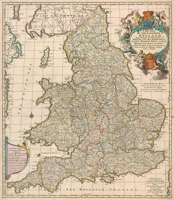 VISSCHER, N./ OVERTON, J., A New Mapp of the Kingdome of England, Representing the Princedome of Wales, and other Provinces, Cities, Market Towns, with the Roads from Town to Town., antique map, old maps