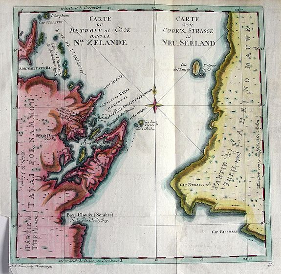 HAUER, A. D., Carte du detroit de Cook dans La Nle. Zelande., antique map, old maps