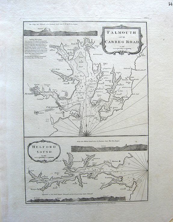 Laurie and Whittle, Falmouth and Carreg Road, Helford Sound., antique map, old maps