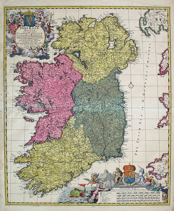 VISSCHER, N. / SCHENK, P., HIBERNIAE REGNUM tam in praecipuas ULTONIAE, CONNACIAE, LAGENIAE, et MOMONIA...per GUILIELMUM PETTY... NICOLAUM VISSCHER AMST:BAT: cum Privileg...Nunc apud PET Schenk Iunior, antique map, old maps