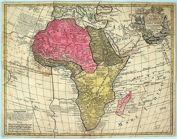 LOTTER, T.C., Exceptionally rare map puzzle: AFRICA, Concinnata Secundum Ob. servationes Membror. Acad. Regal Scientiarum et non= nullorum aliorum, et juxta recentissimas annotationes. Per G. de L Isle Geographum Augustæ Vindelicor: prostat ap, antique map, old maps