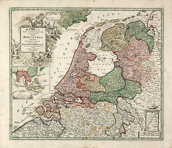 HOMANN, J.B., Belgii Pars Septentrionalis Communi Nomine vulgo Hollandia ... / Batavorum Coloniae Occidential Indiis Septentrionalis Americae implantate / India Orientalis Batavorum Commerciis, Potentia & Coloniis celeberrima. / Batavia / Niew Amsterdam., antique map, old maps