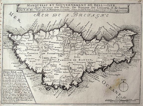 DE FER, N., Marquisat et gouvernement de Bell-Isle divis�e en ses quatre paroisses, Du Palais, De Bangor, De Lomaria, et de Sauzon., antique map, old maps
