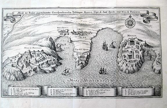 MERIAN, M., Abri� der Dreyen, gegeneinander Correspondierenden Vestungen Monaco, Capo di Sant Spirito, und Niza die Provenza., antique map, old maps