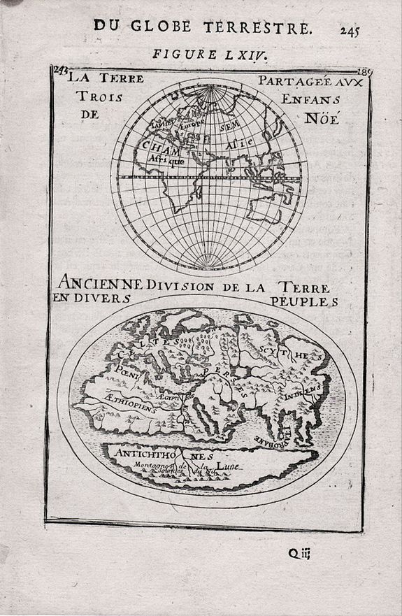 MALLET, Allain Manneson, La Terre Partageeaux Trois Enfans de Noe / Ancienne Division dela Terre Endiuers Peuples Du Globe Terrestre., antique map, old maps