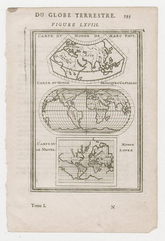 MALLET, Allain Manneson, Carte du Monde de Marc Paul. - Carte du Monde de lacques Castaldo. - Carte du de Migued - Monde Lopez....Du Globe Terrestre Allain Manneson Mallet , antique map, old maps