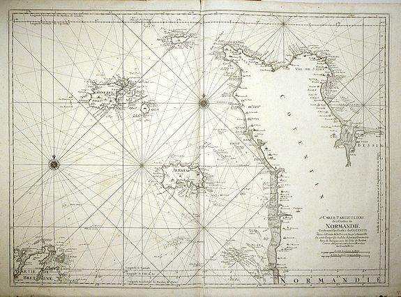 BELLIN, Jacques Nicholas. , CARTE PARTICULIERE des Costes de NORMANDIE ... ou sont Comprises les Isles de Jerzey, Grenzey, Cers, & Aurigny ..., antique map, old maps