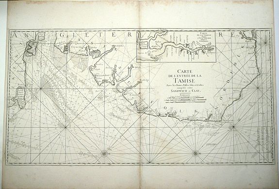BELLIN, Jacques Nicholas., Carte de l'Entrèe de la Tamise Avec les Bancs, Passes, Isles et Costes comprises entre Sandwich et Clay., antique map, old maps