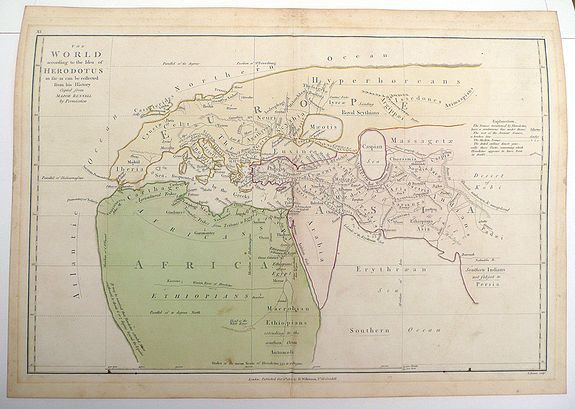 E.Bourne , Ancient World according to Herodotus c1802., antique map, old maps