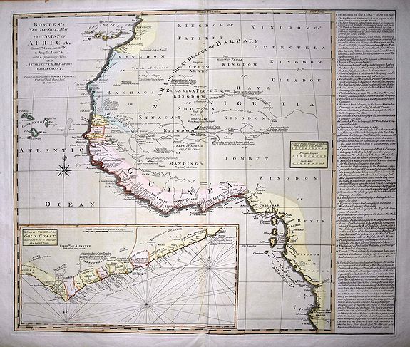 BOWLES & CARVER, Bowles's new one-sheet map of the coast of Africa :from S.ta Cruz, lat. 30°N. to Angola, lat. 11°.S. with explanatory notes; and a correct chart of the Gold Coast., antique map, old maps