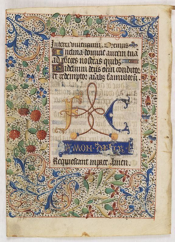 BOOK OF HOURS, Decorative leaf from a French book of hours, on vellum., antique map, old maps