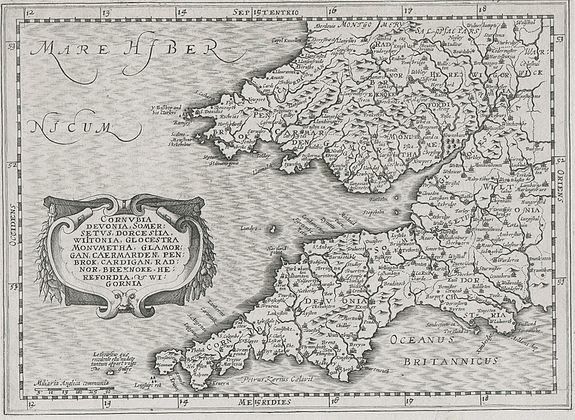 MERCATOR, G. / CLOPPERNBURGH, J., Angleterre…‘Cornubia Devonia, Somersetus, Dorchestia, Wiltonia, Glocestra, Monumetha, Glamorgan, Caermarden, Penbrok, Cardigan, Radnor, Breknoke, Herefordia, & Wigornia’., antique map, old maps