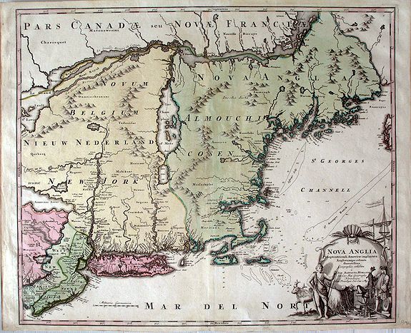 HOMANN, Johann Baptist, Nova Anglia Septentrionali Americae implantata Anglorumque coloniis florentissima ... Ioh. Baptista Homann Sac. Caes Maj ... Cum Privilegio ... ., antique map, old maps