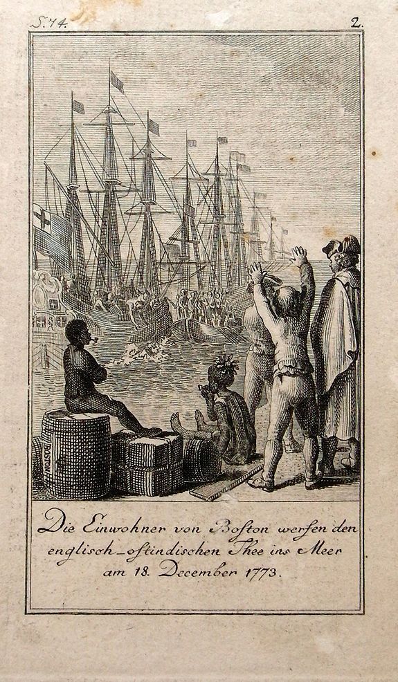 CHODOWIECKI, D., (BOSTON TEA PARTY) Die Einwohner von Boston werfen den englisch-ostindischen Thee ins Meer am 18 December 1773, antique map, old maps