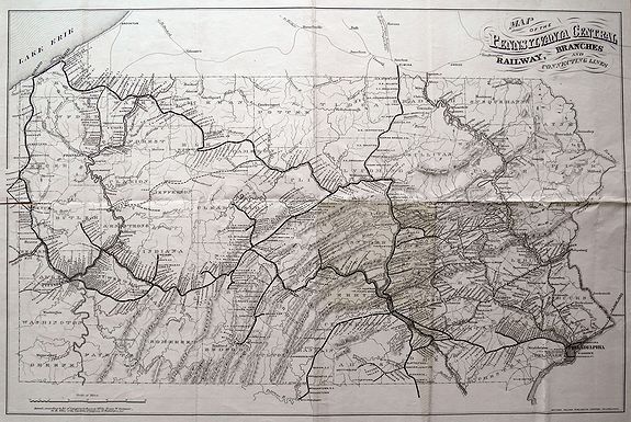 GWINNER, H.W., MAP OF THE PENNSYLVANIA CENTRAL RAILWAY, BRANCHES AND CONNECTING LINES., antique map, old maps