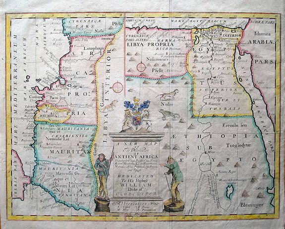 WELLS, E., A new map of the north part of Antient Africa, shewing the chiefe people, cities, towns, rivers, and mountains in Mauritania, Numidia, Africa Propria, Libya Propria, and Egypt..., antique map, old maps