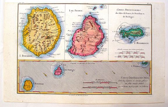 BONNE, R., Cartes Particulieres des Isles de France, de Bourbon et de Rodrique., antique map, old maps