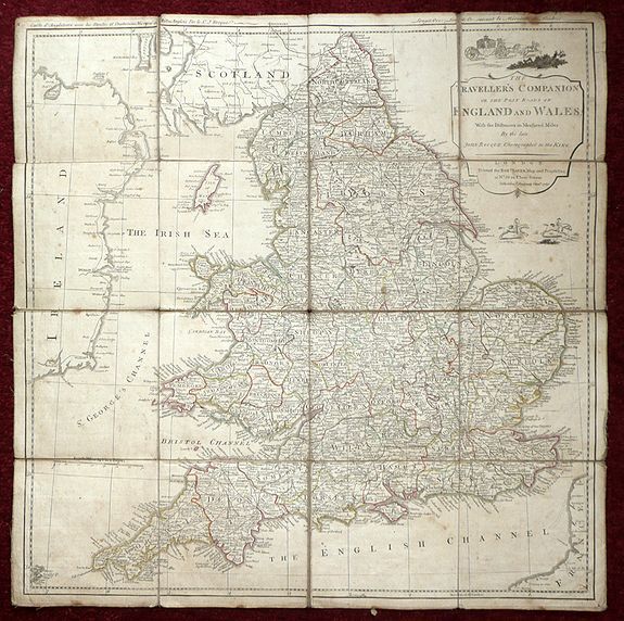 ROCQUE, J. / SAYER, R., The Traveller’s Companion or the Post roads of England and Wales: With the Distances in Measured Miles By the late John Rocque Chorographer to the King and it is laid on linen in sixteen sections. , antique map, old maps
