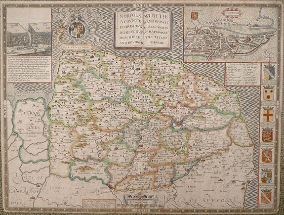 SPEED, J., NORFOLK A COUNTIE FLORISHING & POPULOUS DESCRIBED AND DEVIDED WITH THE ARMES OF SUCH NOBLE FAMILIES AS HAVE BORNE THE TITLES THEREOF., antique map, old maps