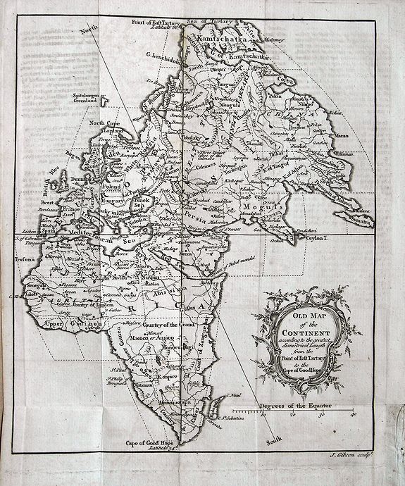 GIBSON, J., Old Map of the Continent according to the greatest diametrical Length from the Point of East Tartary to the Cape of Good Hope., antique map, old maps