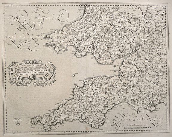 MERCATOR / HONDIUS , Cornubia, Devonia, Somersetus, Dorcestria, Wiltonia, Glocestria Monumetha, Glamorgan, Caermarden, Penbrok, Cardigan, Radnor, Breknoke, Herefordia & Wigornia, antique map, old maps